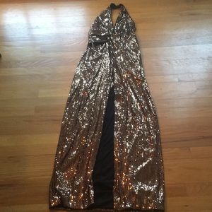Halston Heritage elegant copper sequined full length halter top evening gown.